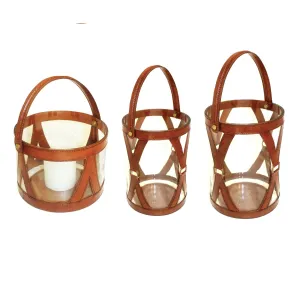 Set of 3 Cylindrical Leather Clad Hanging Hurricane Lamps