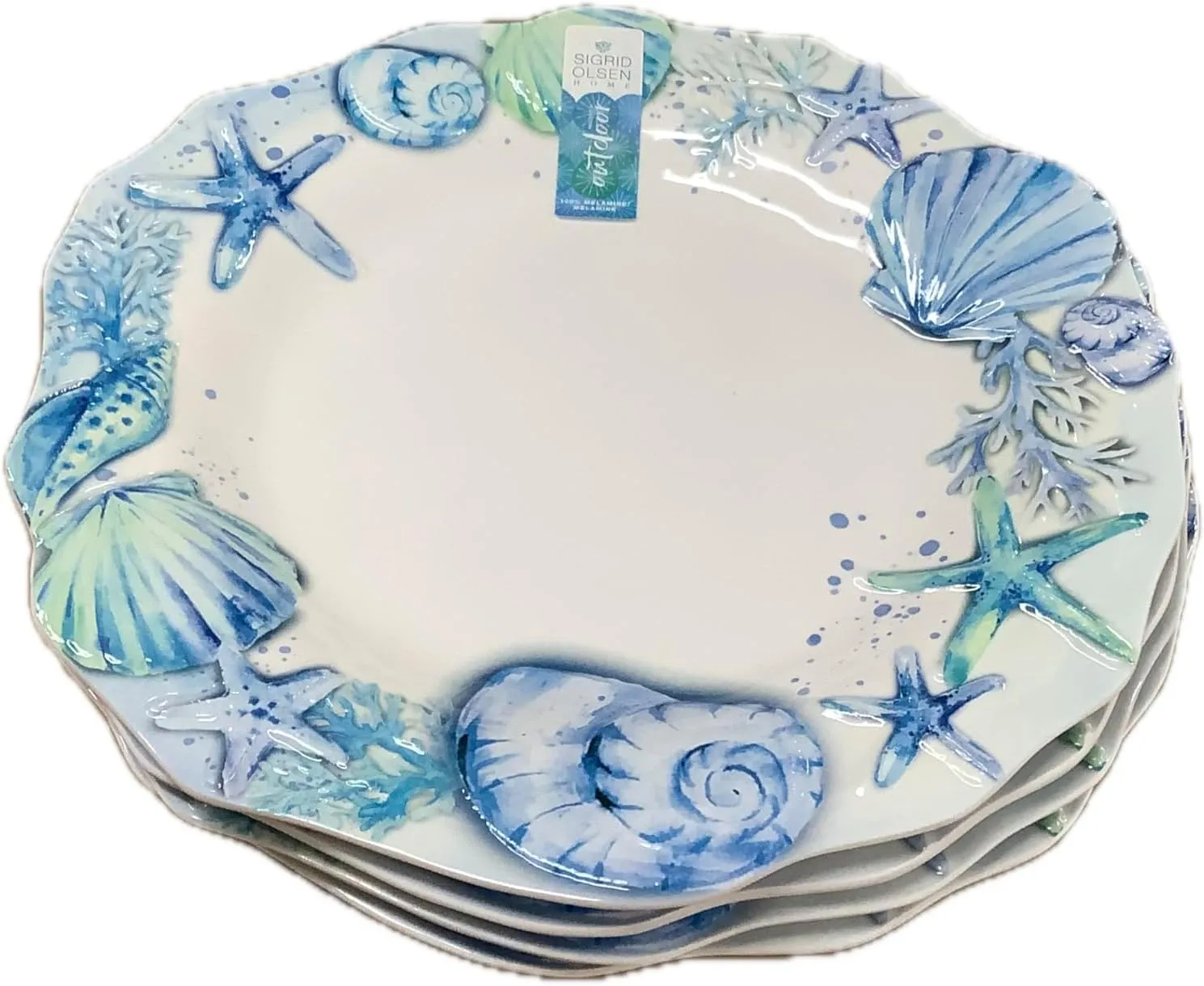 Set of 4 Melamine Dinner Plates, Blue Shells