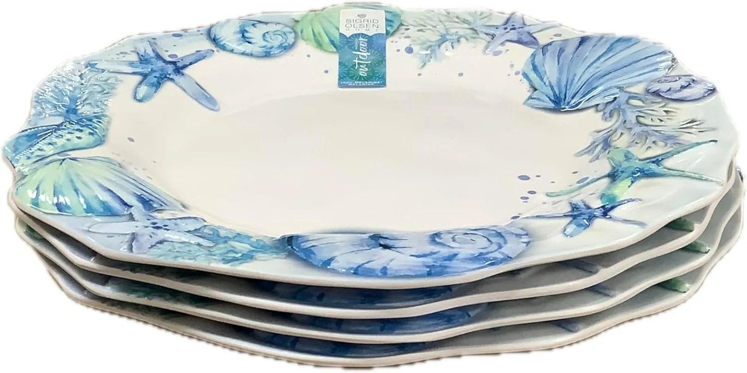 Set of 4 Melamine Dinner Plates, Blue Shells