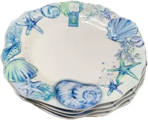 Set of 4 Melamine Dinner Plates, Blue Shells