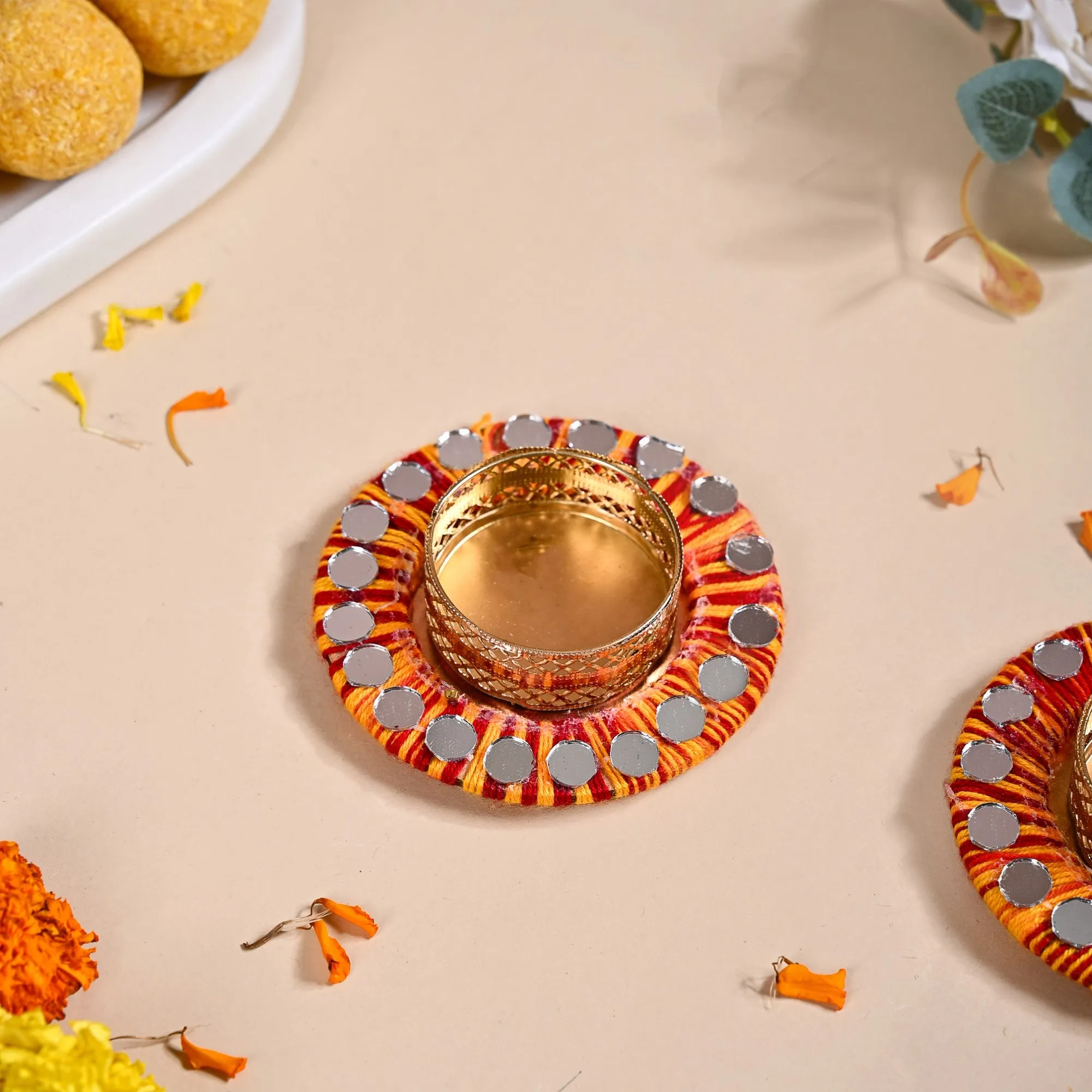 Set Of 6 Multicolour Threadwork Tealight Holders With Mirrorwork