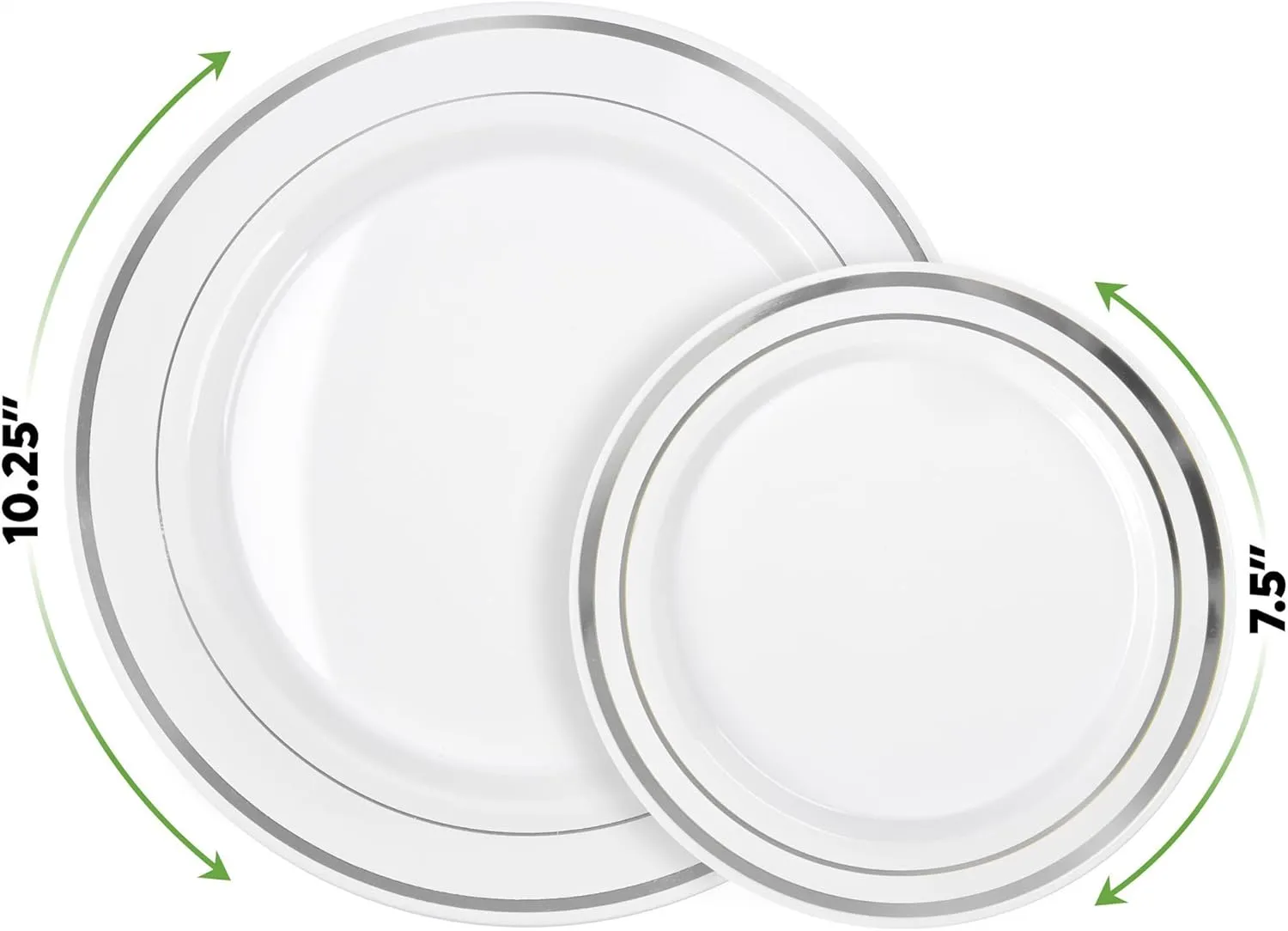 SETUP 100-Piece Silver Trim Plastic Dinnerware Set – 50 10.25" Dinner & 50 7.5" Salad Plates – Heavy-Duty Disposable for Weddings, Catering, Parties