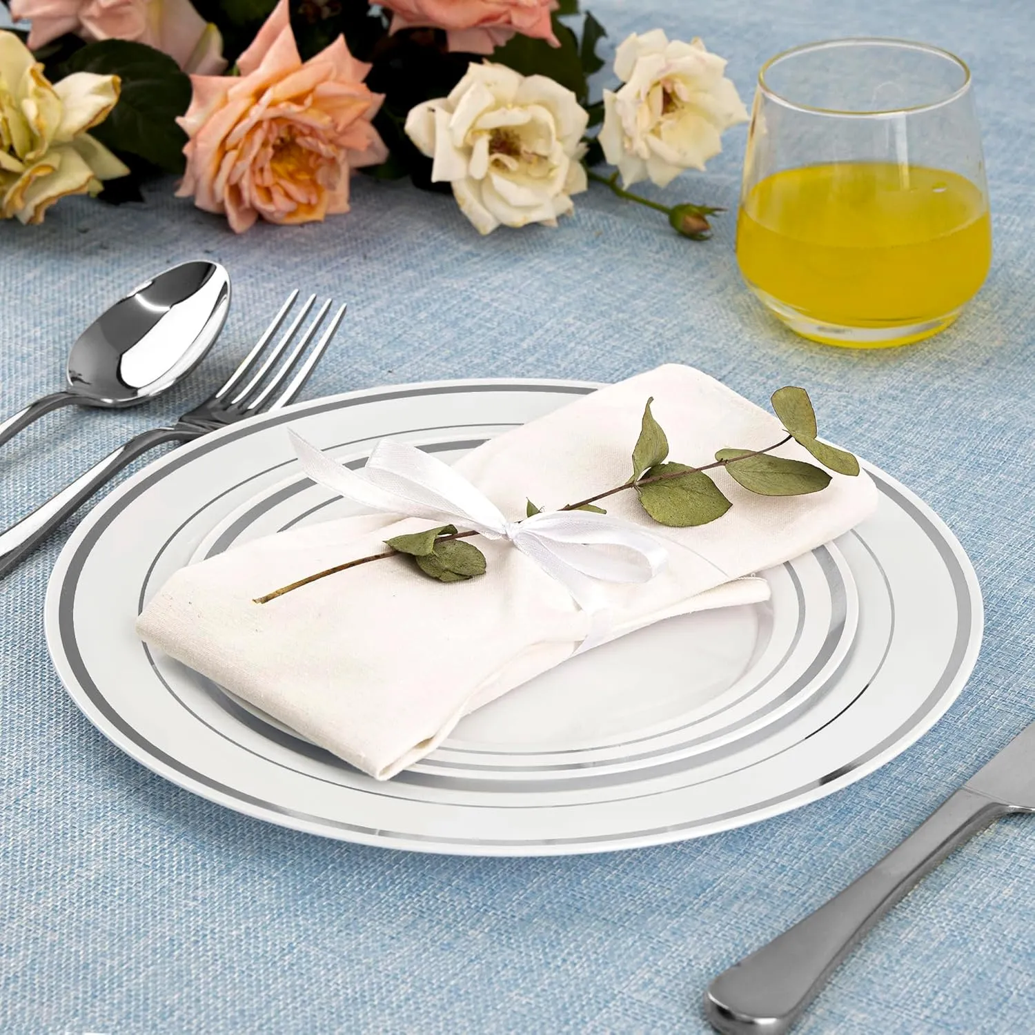 SETUP 100-Piece Silver Trim Plastic Dinnerware Set – 50 10.25" Dinner & 50 7.5" Salad Plates – Heavy-Duty Disposable for Weddings, Catering, Parties