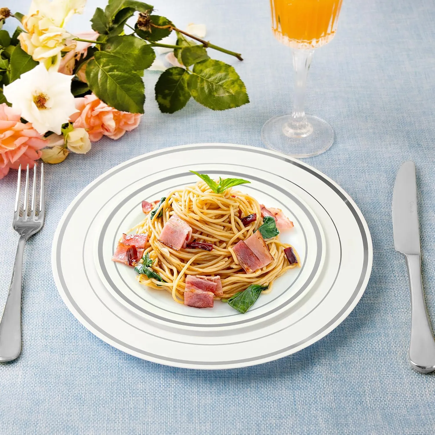 SETUP 100-Piece Silver Trim Plastic Dinnerware Set – 50 10.25" Dinner & 50 7.5" Salad Plates – Heavy-Duty Disposable for Weddings, Catering, Parties