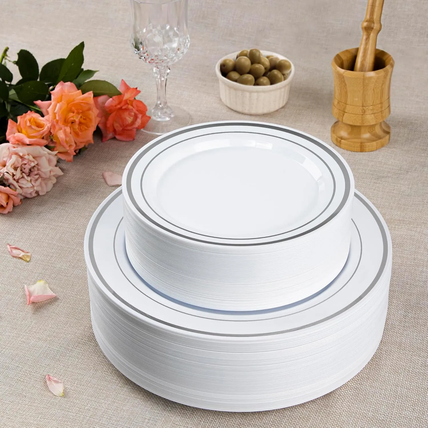SETUP 100-Piece Silver Trim Plastic Dinnerware Set – 50 10.25" Dinner & 50 7.5" Salad Plates – Heavy-Duty Disposable for Weddings, Catering, Parties