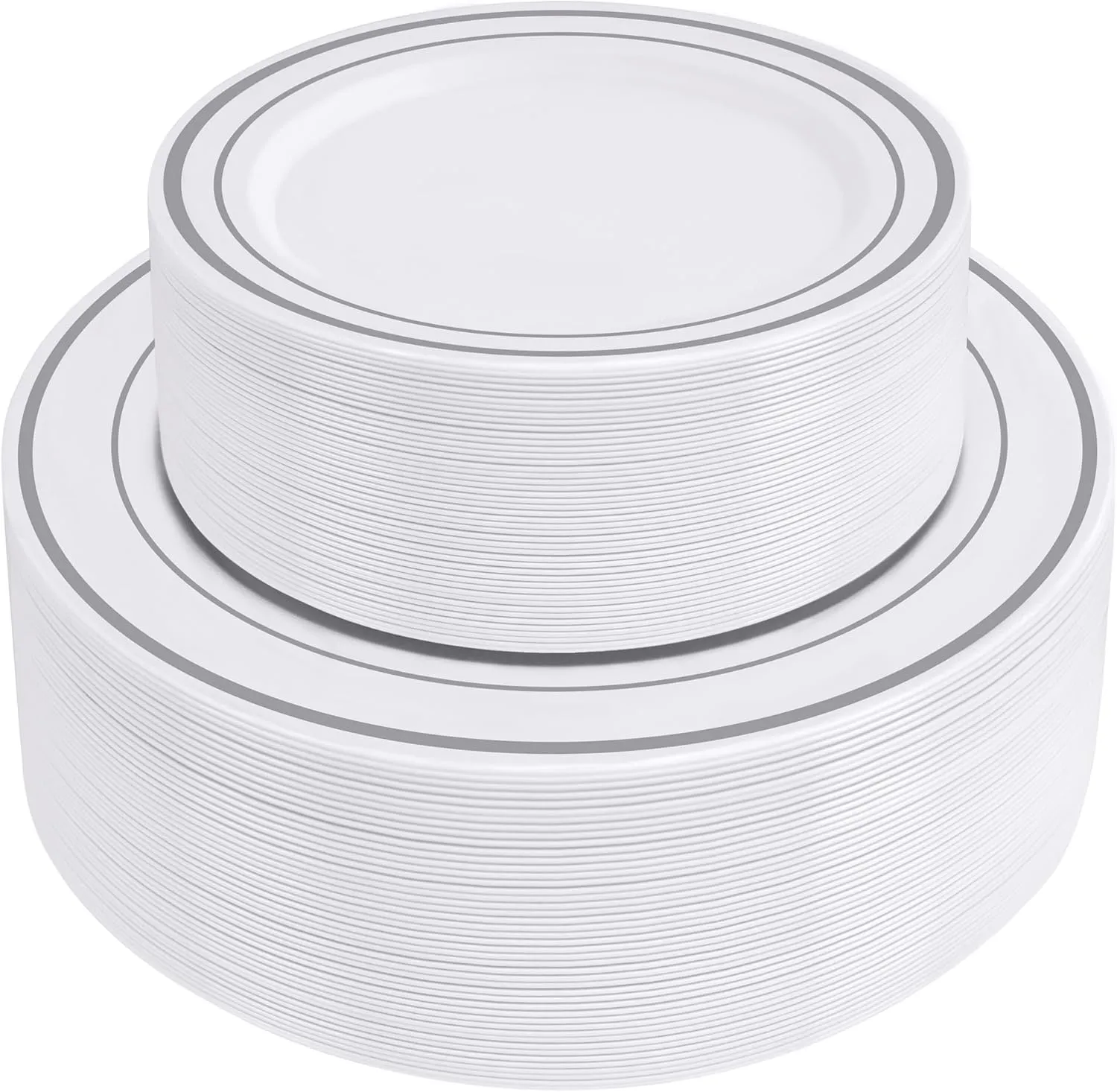 SETUP 100-Piece Silver Trim Plastic Dinnerware Set – 50 10.25" Dinner & 50 7.5" Salad Plates – Heavy-Duty Disposable for Weddings, Catering, Parties