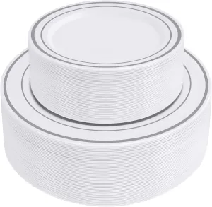 SETUP 100-Piece Silver Trim Plastic Dinnerware Set – 50 10.25" Dinner & 50 7.5" Salad Plates – Heavy-Duty Disposable for Weddings, Catering, Parties