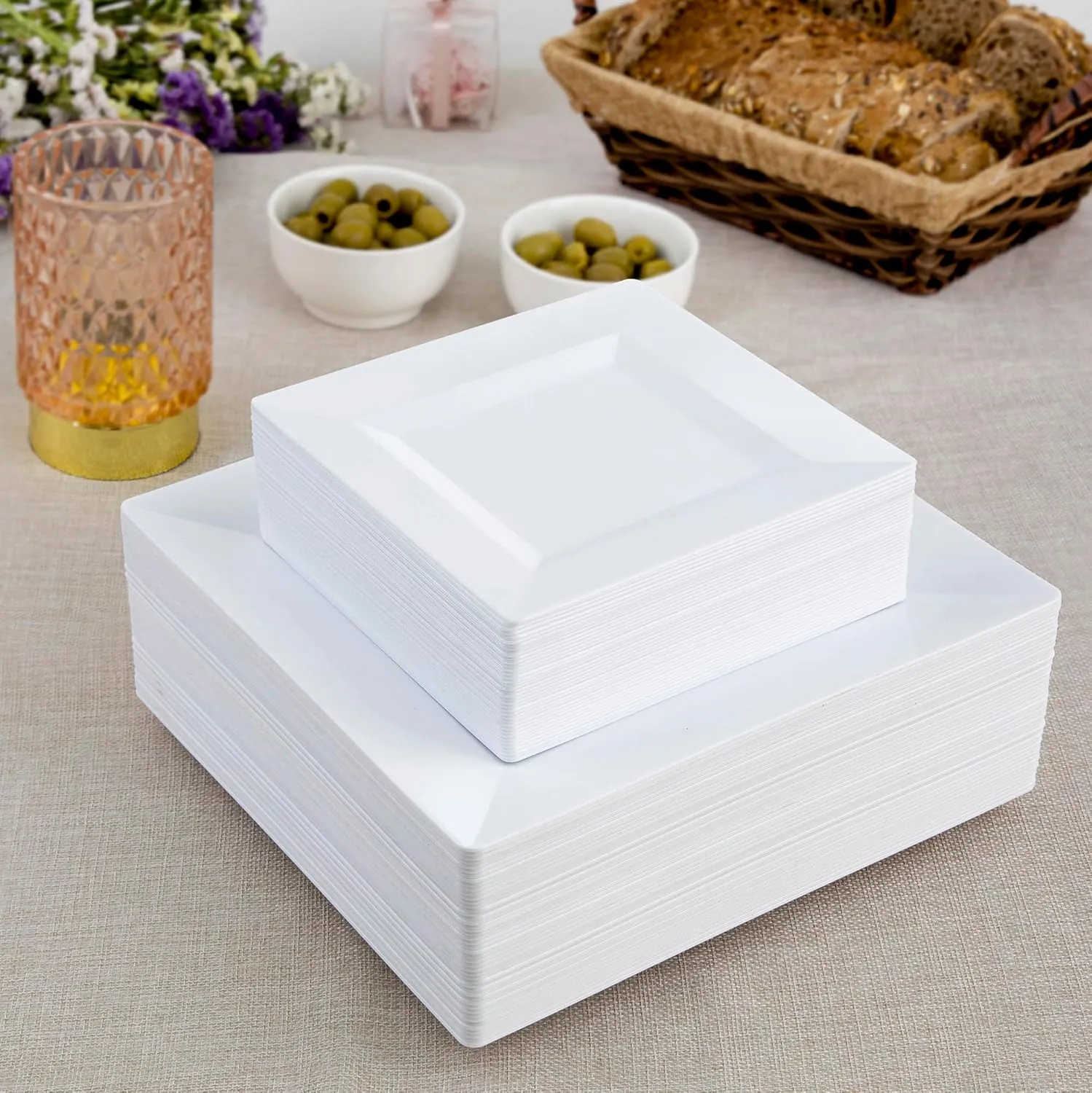 SETUP 100-Piece White Square Plastic Dinnerware Set – 50 9.5" Dinner & 50 6.5" Salad Plates – Heavy-Duty Disposable for Weddings, Catering, Parties