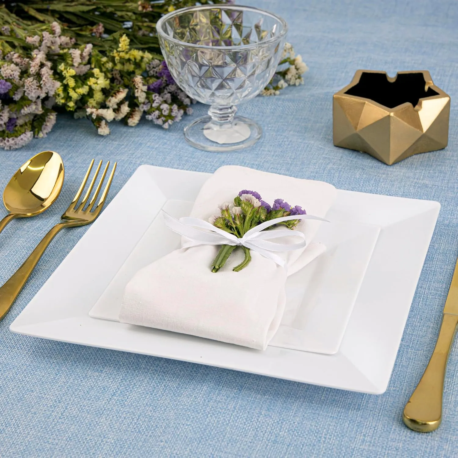SETUP 100-Piece White Square Plastic Dinnerware Set – 50 9.5" Dinner & 50 6.5" Salad Plates – Heavy-Duty Disposable for Weddings, Catering, Parties