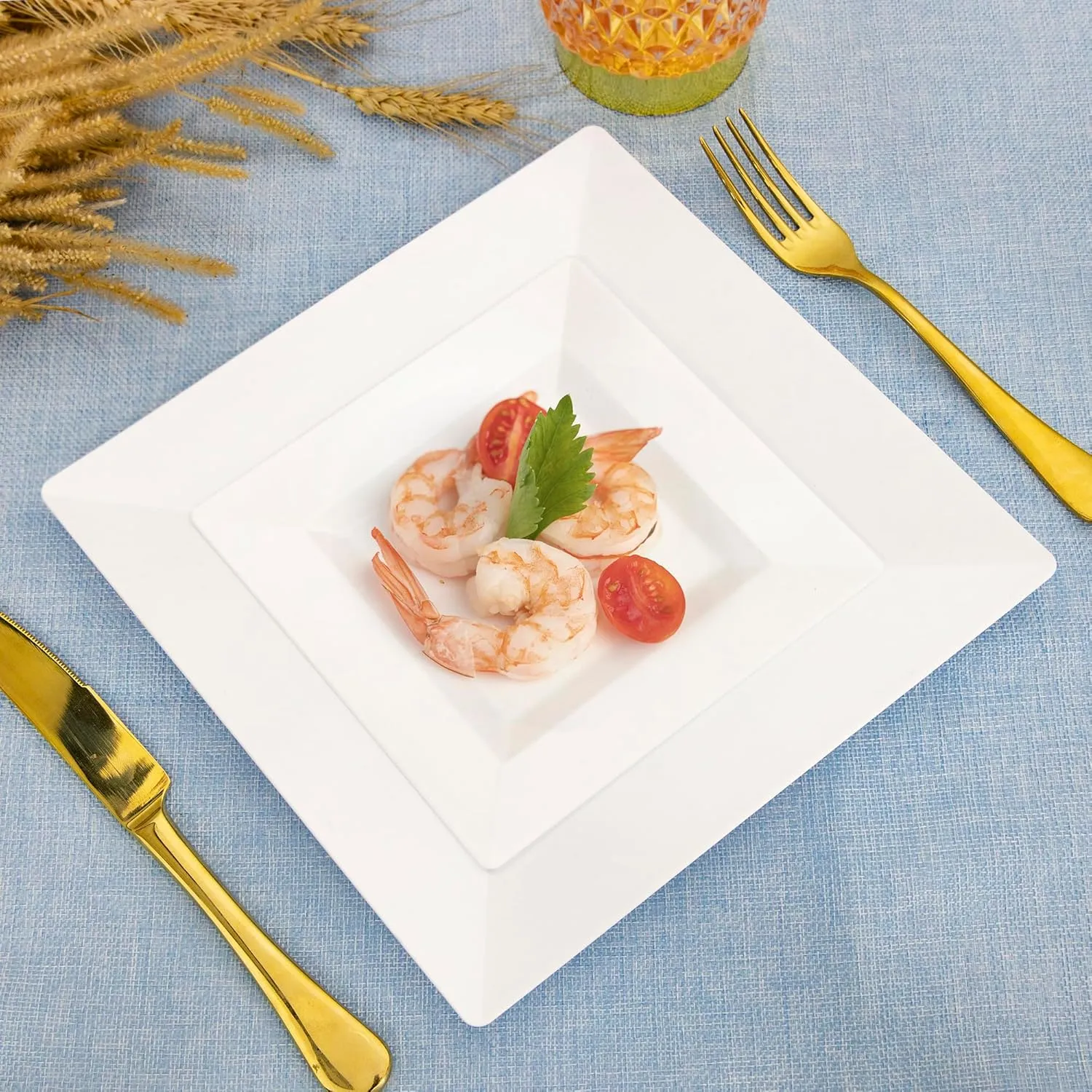 SETUP 100-Piece White Square Plastic Dinnerware Set – 50 9.5" Dinner & 50 6.5" Salad Plates – Heavy-Duty Disposable for Weddings, Catering, Parties