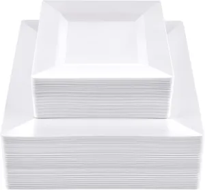 SETUP 100-Piece White Square Plastic Dinnerware Set – 50 9.5" Dinner & 50 6.5" Salad Plates – Heavy-Duty Disposable for Weddings, Catering, Parties
