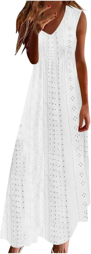 Sexy Elegant Lace Eyelet Maxi Dresses for Women 2024 Fashion Sleeveless Flowy Summer Dress Beach Vacation Sundresses