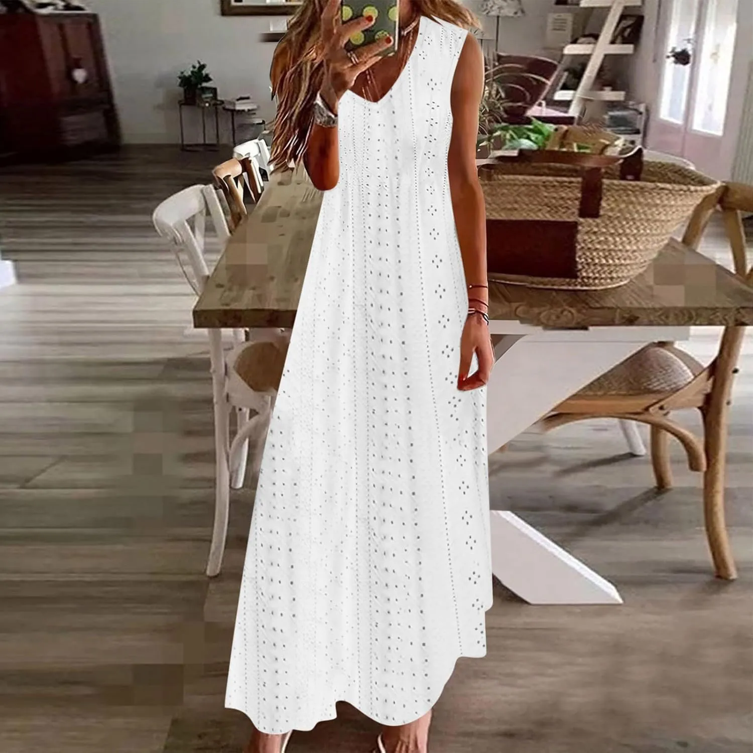 Sexy Elegant Lace Eyelet Maxi Dresses for Women 2024 Fashion Sleeveless Flowy Summer Dress Beach Vacation Sundresses