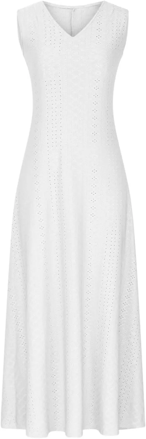 Sexy Elegant Lace Eyelet Maxi Dresses for Women 2024 Fashion Sleeveless Flowy Summer Dress Beach Vacation Sundresses