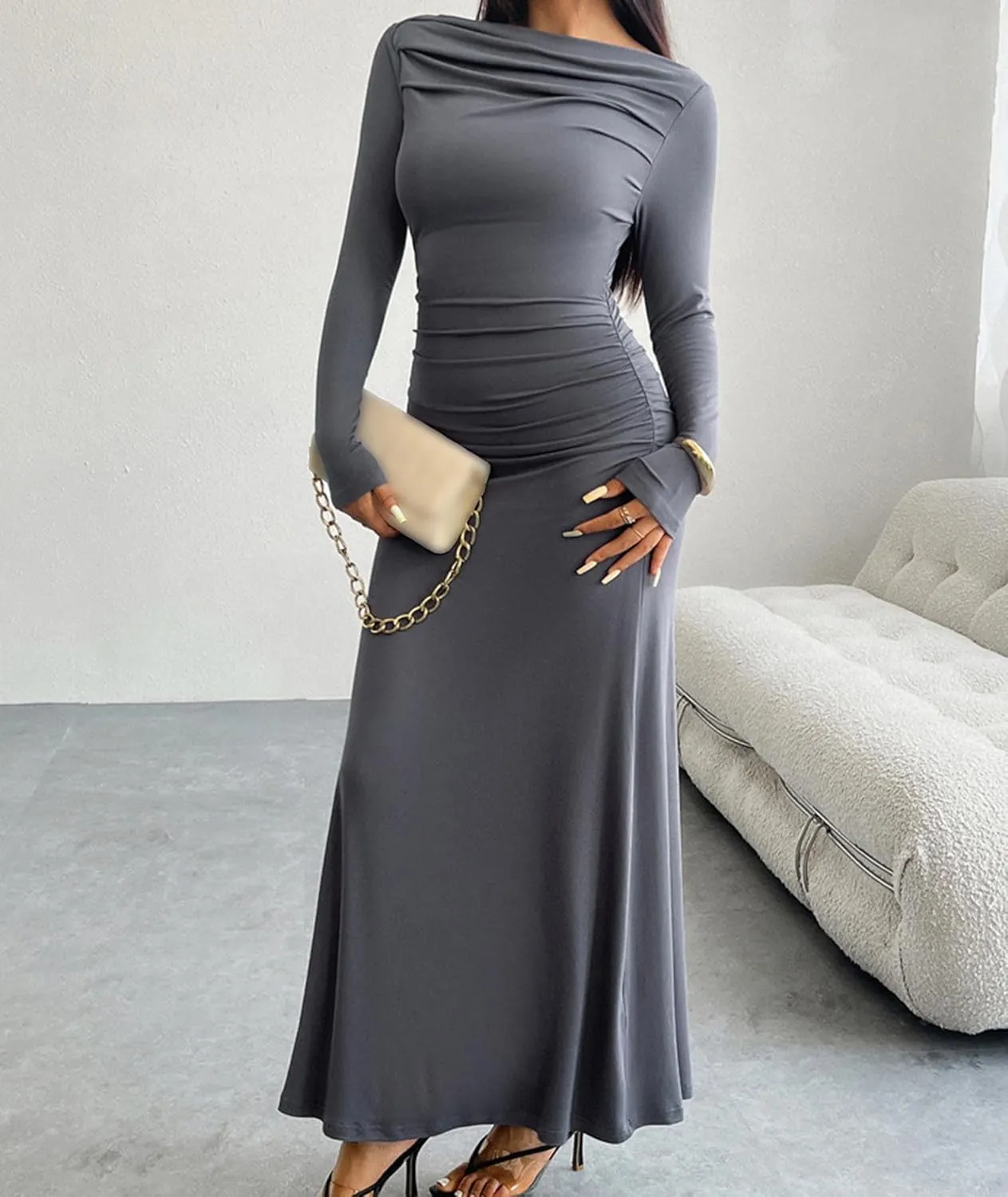 Sexyshine Women's Crew Neck Ruched Bodycon Maxi Dress Long Sleeve Slim Fit Elegant Flared Evening Cocktail Party Dresses