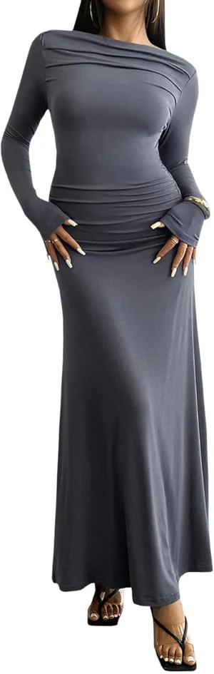Sexyshine Women's Crew Neck Ruched Bodycon Maxi Dress Long Sleeve Slim Fit Elegant Flared Evening Cocktail Party Dresses