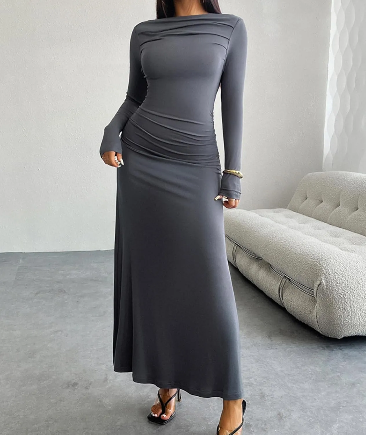 Sexyshine Women's Crew Neck Ruched Bodycon Maxi Dress Long Sleeve Slim Fit Elegant Flared Evening Cocktail Party Dresses