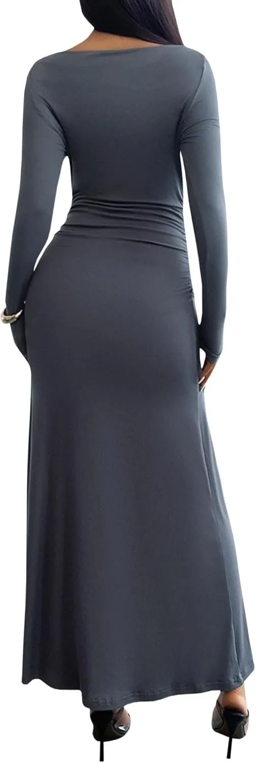Sexyshine Women's Crew Neck Ruched Bodycon Maxi Dress Long Sleeve Slim Fit Elegant Flared Evening Cocktail Party Dresses