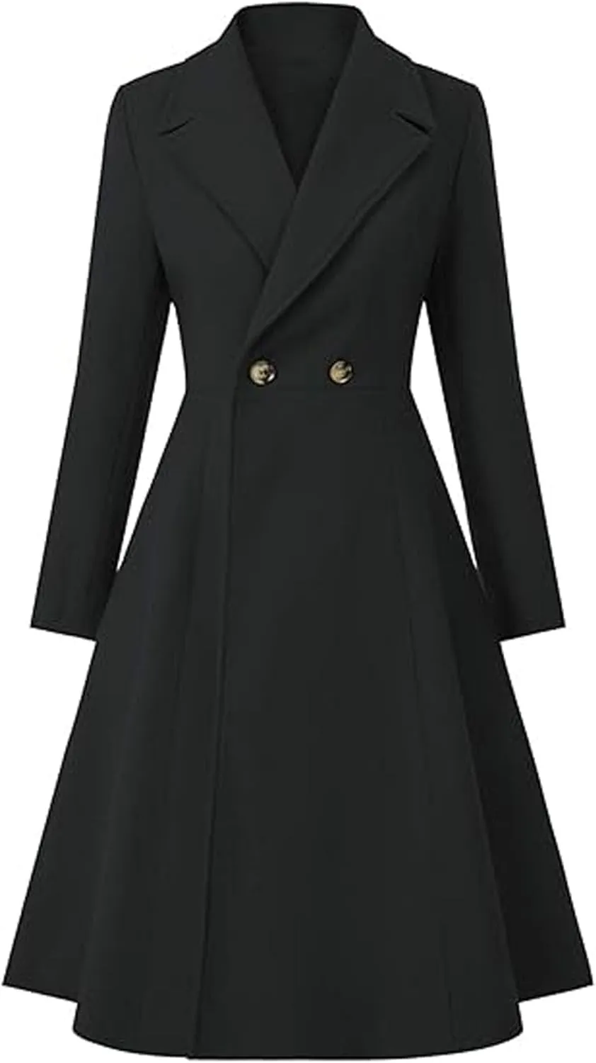 Sexyshine Women's Winter Double Breasted Trench Coat Notch Lapel Collar Wool Blend Pea Coat Swing A Line Long Overcoat