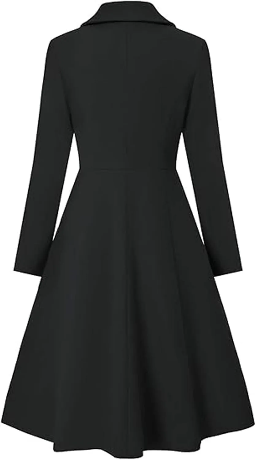 Sexyshine Women's Winter Double Breasted Trench Coat Notch Lapel Collar Wool Blend Pea Coat Swing A Line Long Overcoat