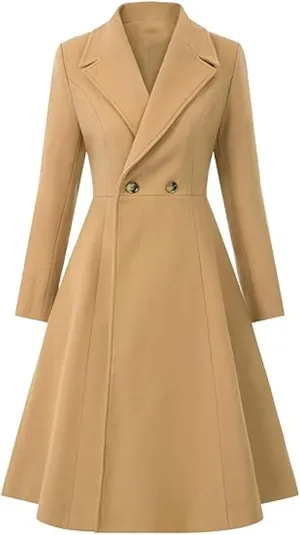 Sexyshine Women's Winter Double Breasted Trench Coat Notch Lapel Collar Wool Blend Pea Coat Swing A Line Long Overcoat