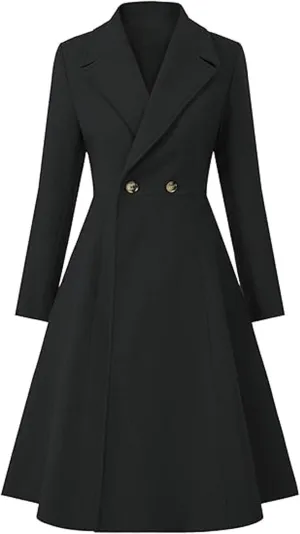 Sexyshine Women's Winter Double Breasted Trench Coat Notch Lapel Collar Wool Blend Pea Coat Swing A Line Long Overcoat