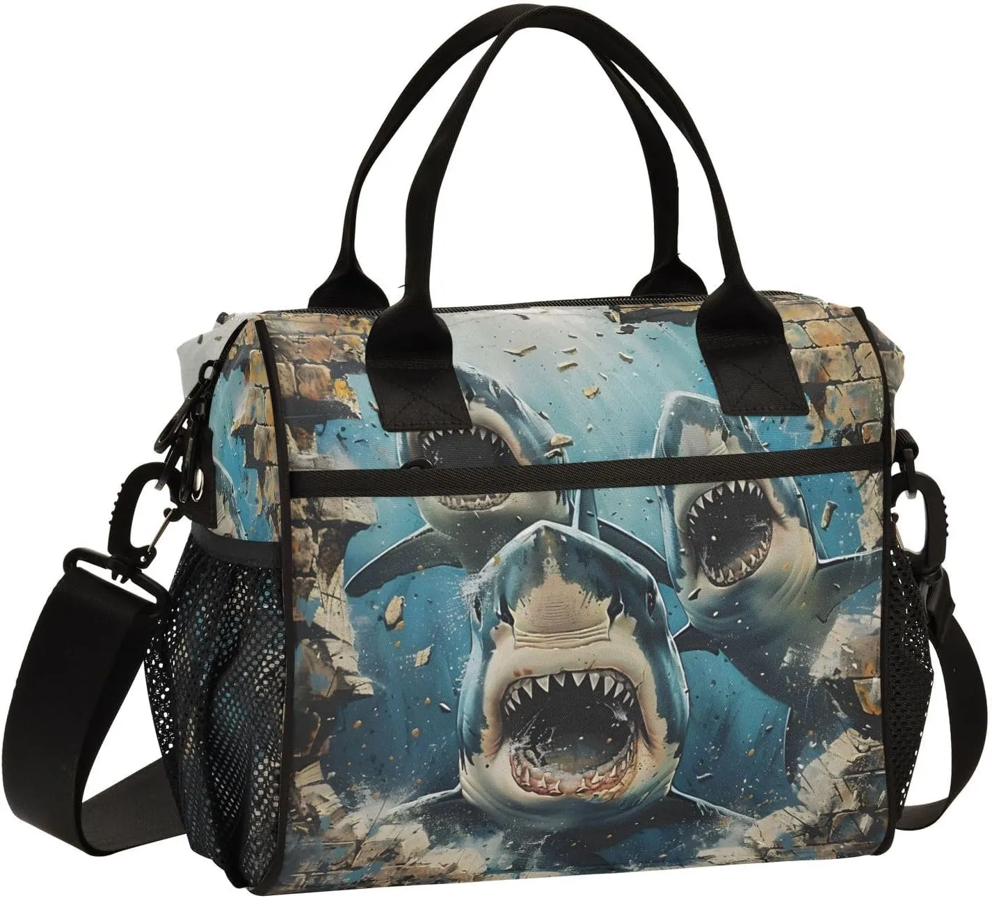 Sharks Break Through Walls Large Lunch Box for Men Women Adults Insulated Lunch Bag Cooler Bag with Adjustable Shoulder Strap for Work Picnic Travel