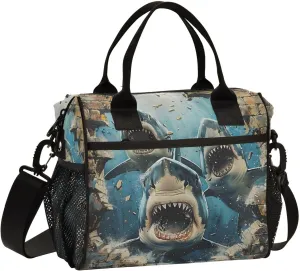 Sharks Break Through Walls Large Lunch Box for Men Women Adults Insulated Lunch Bag Cooler Bag with Adjustable Shoulder Strap for Work Picnic Travel