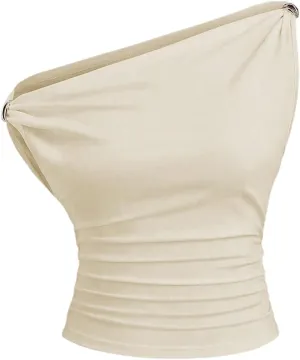 SHENHE Women's Elegant Ruched Tank Top Asymmetrical Neck Sleeveless Slim Fitted Summer Shirts