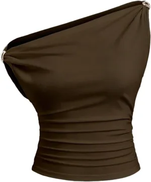 SHENHE Women's Elegant Ruched Tank Top Asymmetrical Neck Sleeveless Slim Fitted Summer Shirts