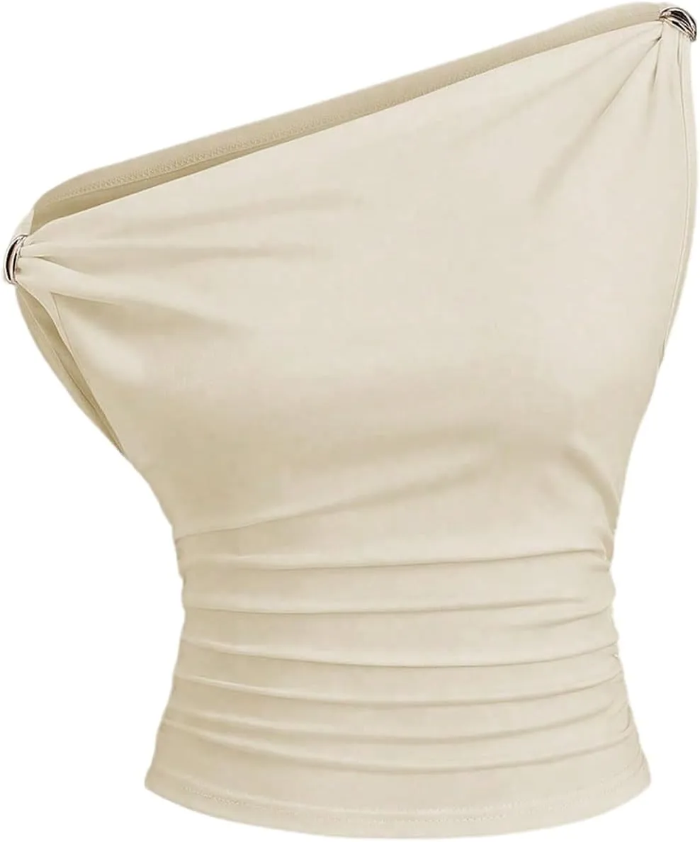 SHENHE Women's Elegant Ruched Tank Top Asymmetrical Neck Sleeveless Slim Fitted Summer Shirts
