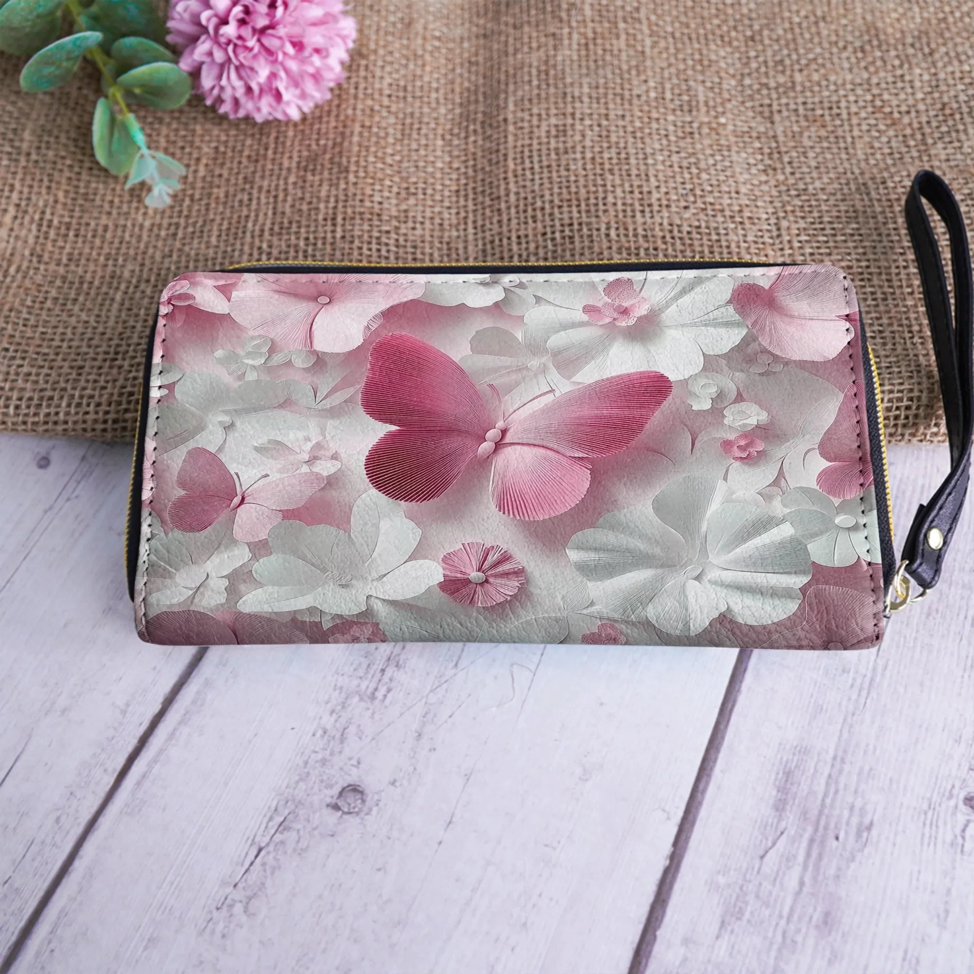 Shineful Leather Clutch Purse With Wristlet Strap Handle Butterfly Blossom Elegance