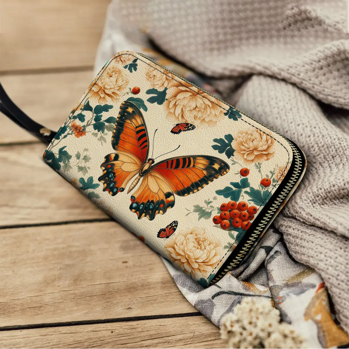 Shineful Leather Clutch Purse With Wristlet Strap Handle Enchanted Autumn Butterfly