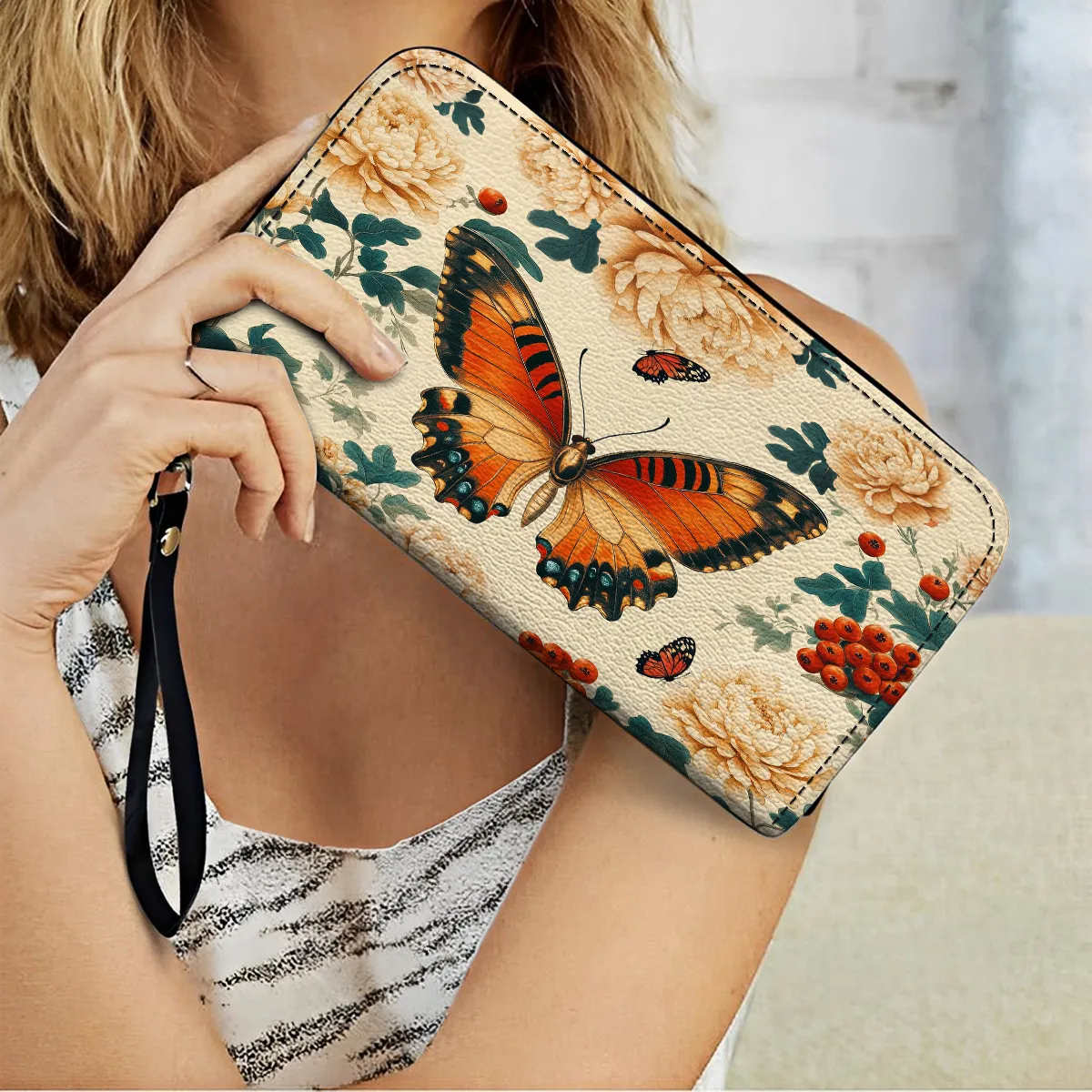 Shineful Leather Clutch Purse With Wristlet Strap Handle Enchanted Autumn Butterfly