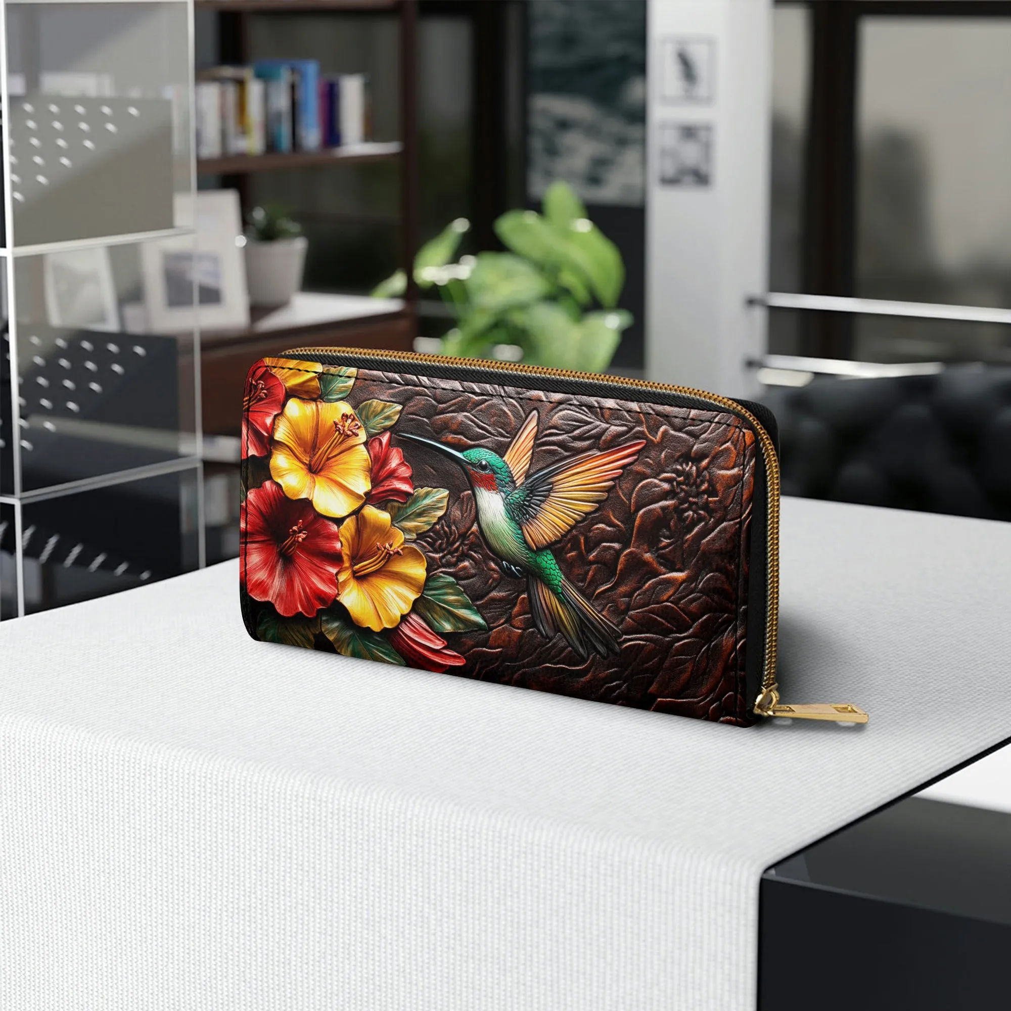 Shineful Leather Clutch Purse With Wristlet Strap Handle Hummingbird Blossom