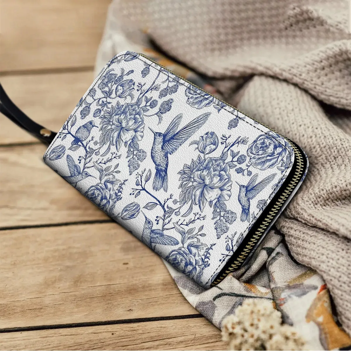 Shineful Leather Clutch Purse With Wristlet Strap Handle Hummingbird Serenity