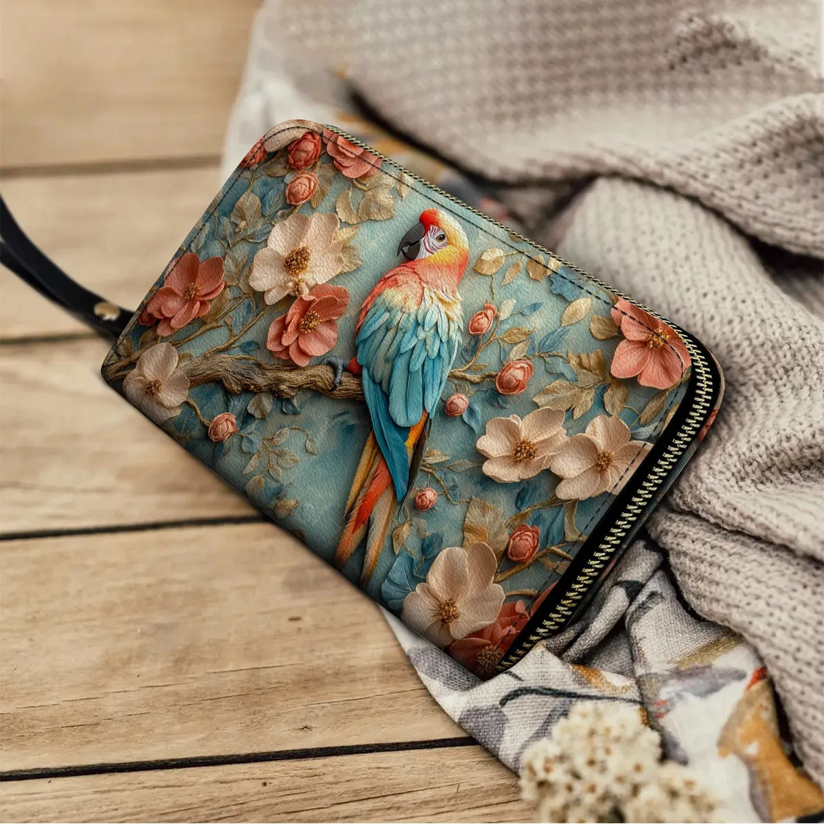Shineful Leather Clutch Purse With Wristlet Strap Handle Macaw Majesty