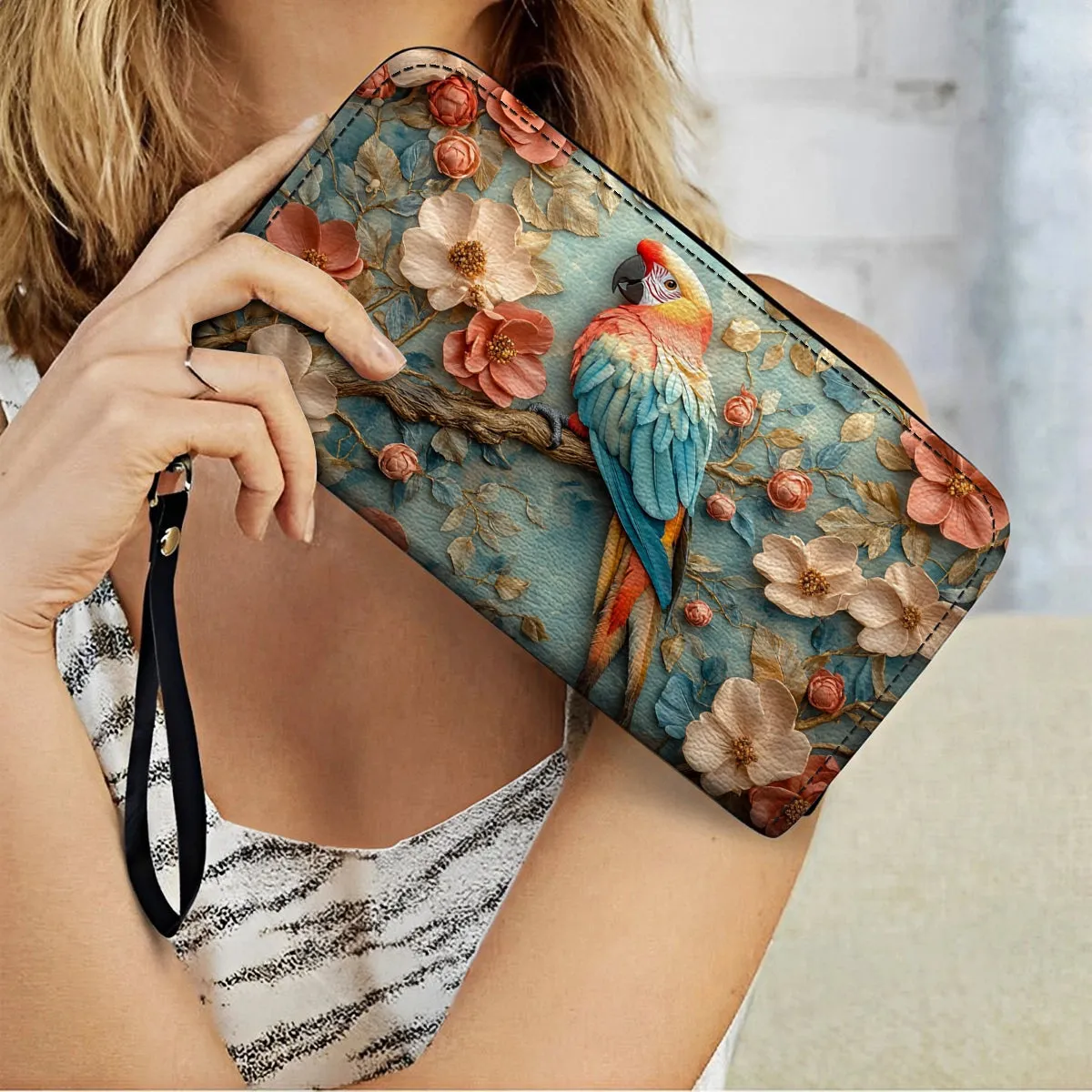 Shineful Leather Clutch Purse With Wristlet Strap Handle Macaw Majesty