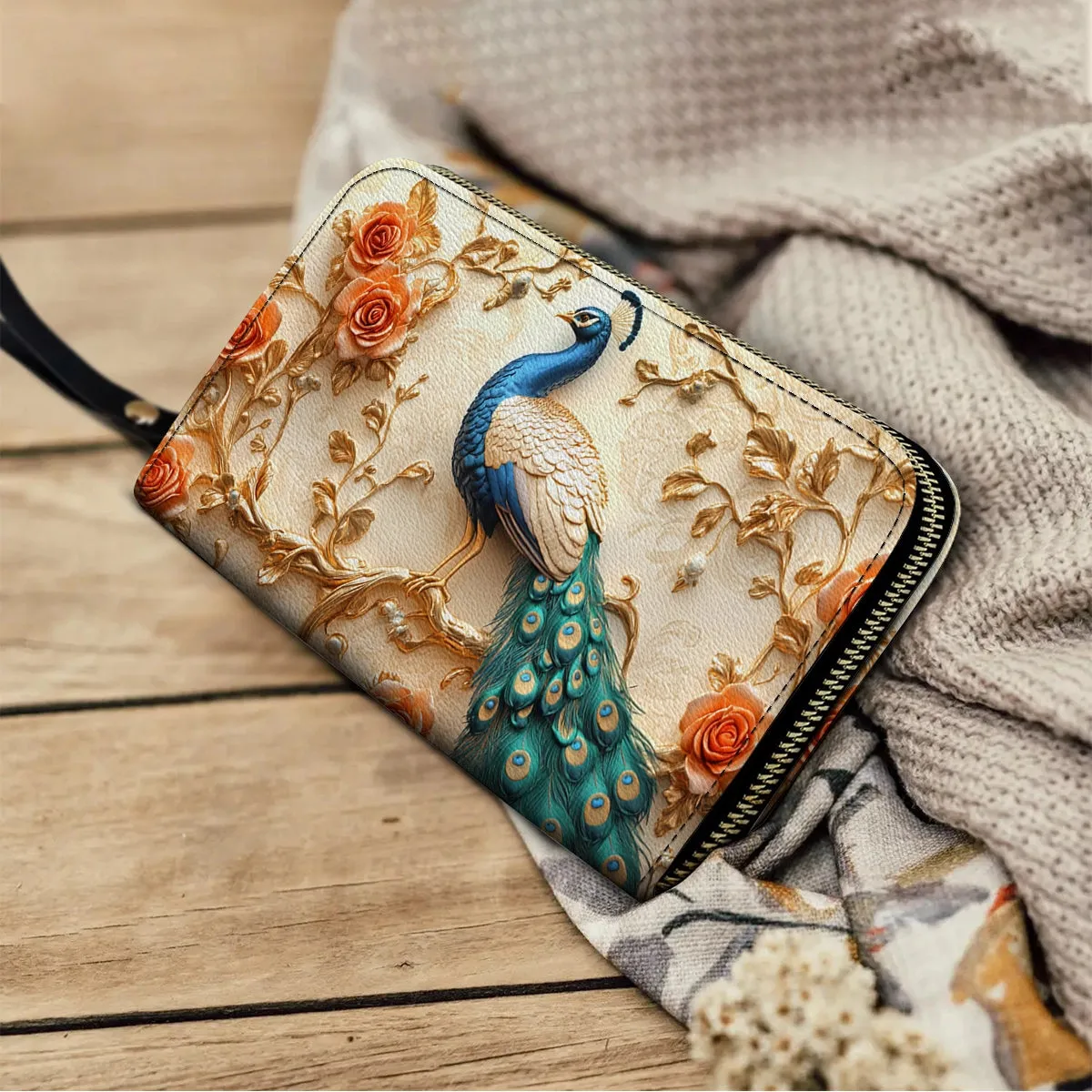 Shineful Leather Clutch Purse With Wristlet Strap Handle Majestic Peacock