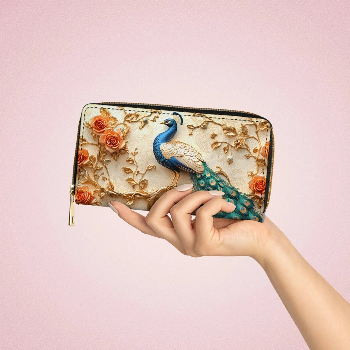 Shineful Leather Clutch Purse With Wristlet Strap Handle Majestic Peacock