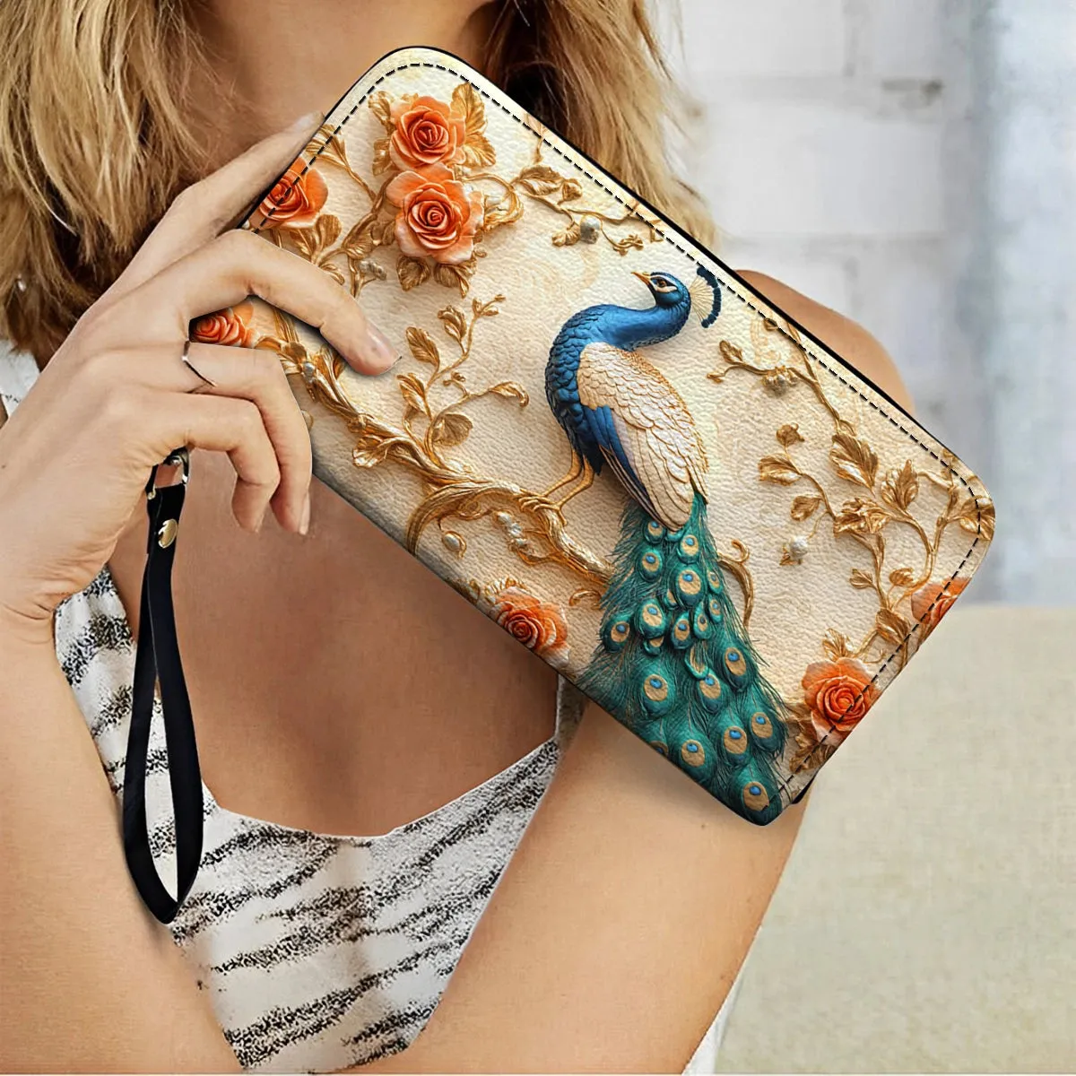 Shineful Leather Clutch Purse With Wristlet Strap Handle Majestic Peacock