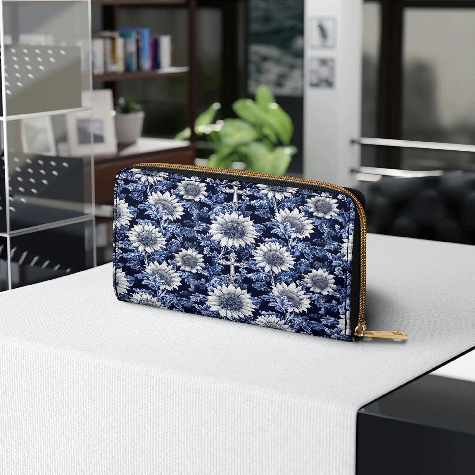 Shineful Leather Clutch Purse With Wristlet Strap Handle Midnight Blue Sunflower Cross