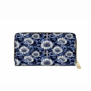 Shineful Leather Clutch Purse With Wristlet Strap Handle Midnight Blue Sunflower Cross