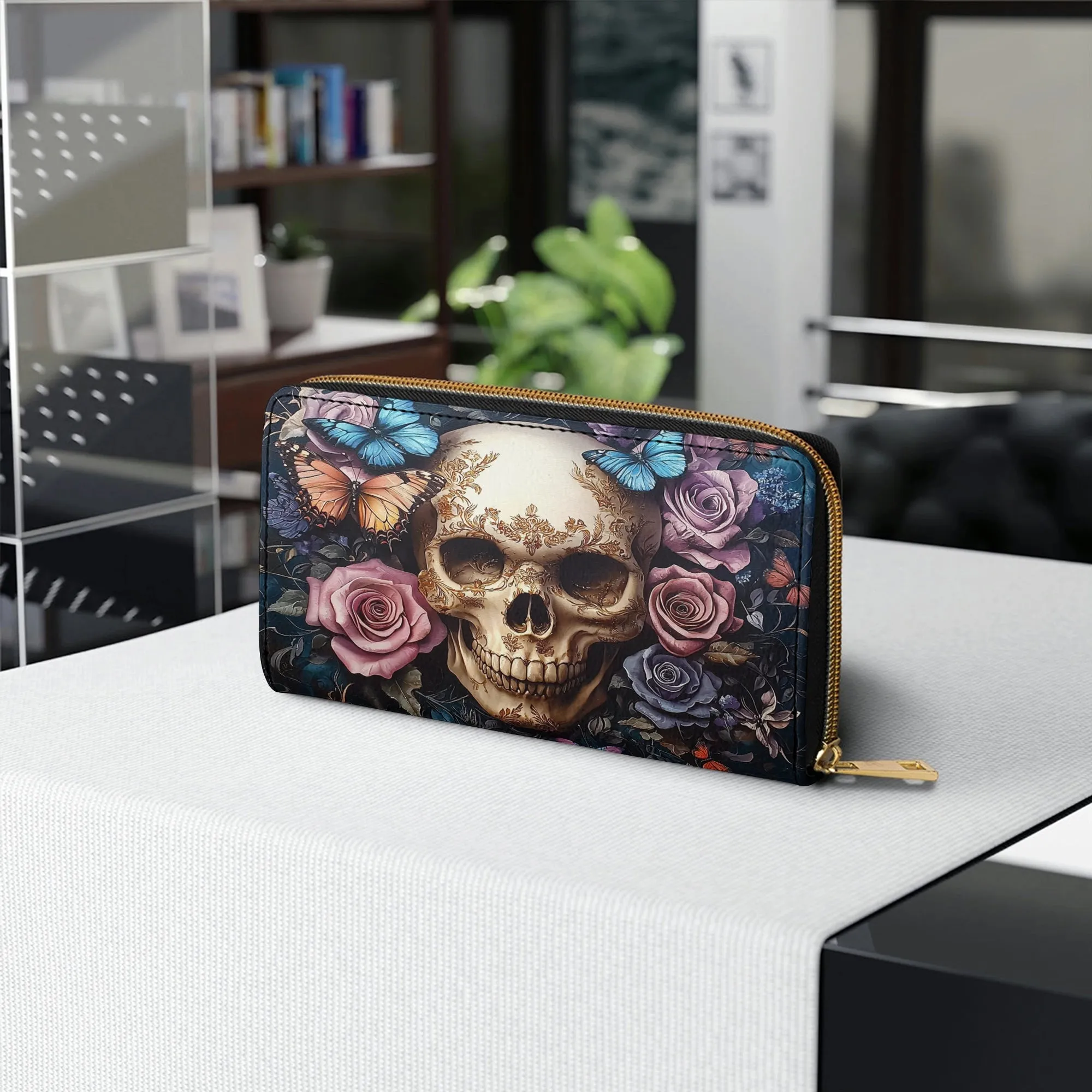 Shineful Leather Clutch Purse With Wristlet Strap Handle Skull Eternal Serenade
