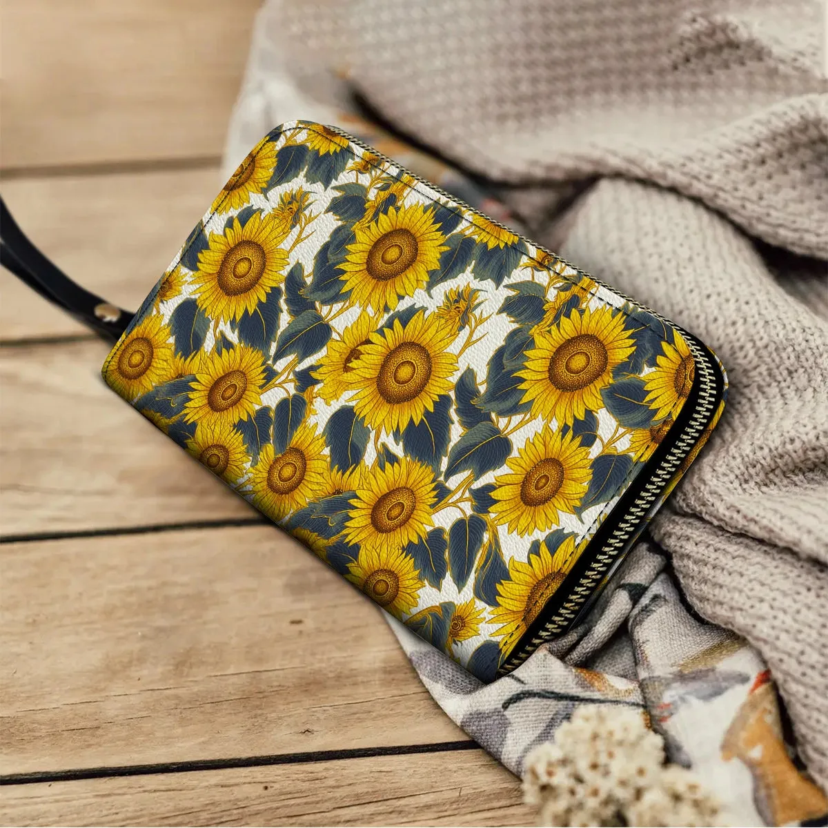Shineful Leather Clutch Purse With Wristlet Strap Handle Sunflower Bold Bloom