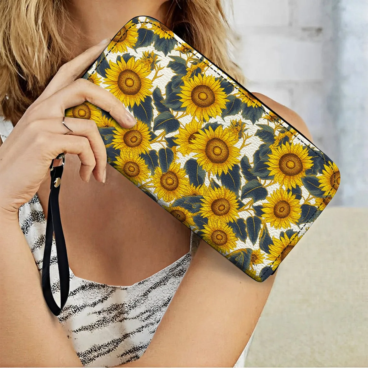 Shineful Leather Clutch Purse With Wristlet Strap Handle Sunflower Bold Bloom