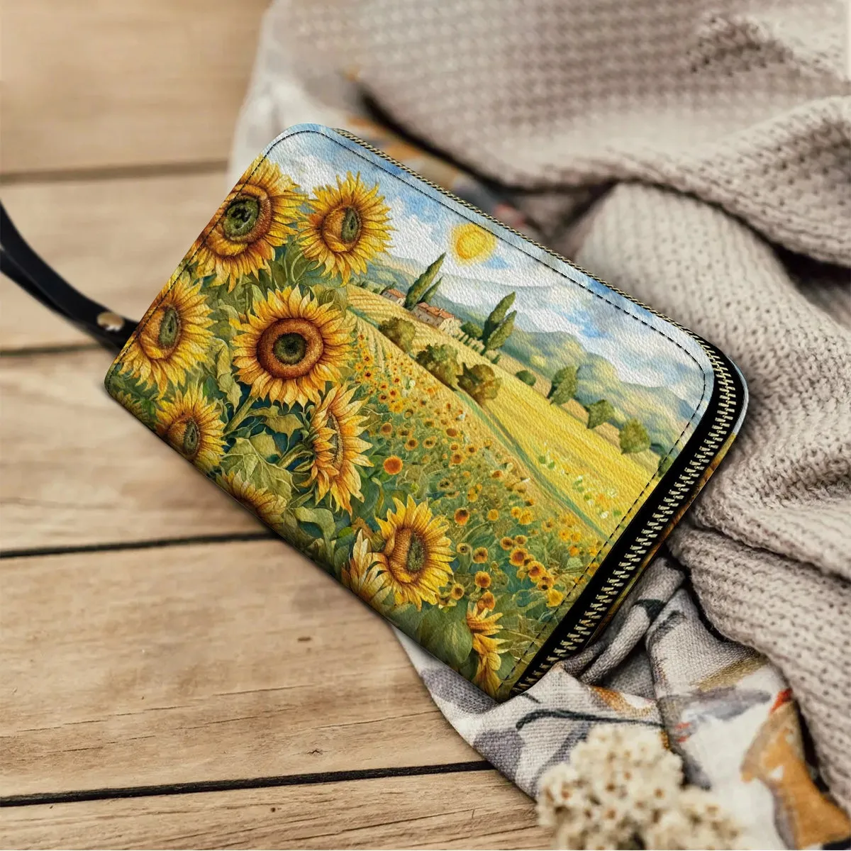 Shineful Leather Clutch Purse With Wristlet Strap Handle Sunflower Countryside Charm
