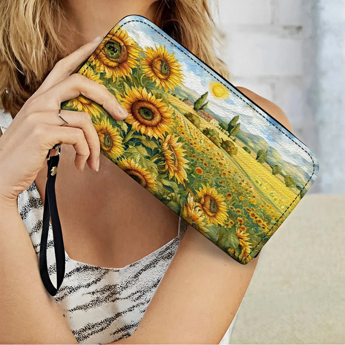 Shineful Leather Clutch Purse With Wristlet Strap Handle Sunflower Countryside Charm