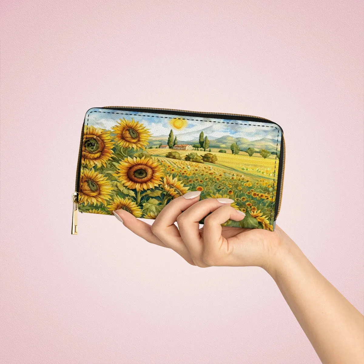 Shineful Leather Clutch Purse With Wristlet Strap Handle Sunflower Countryside Charm
