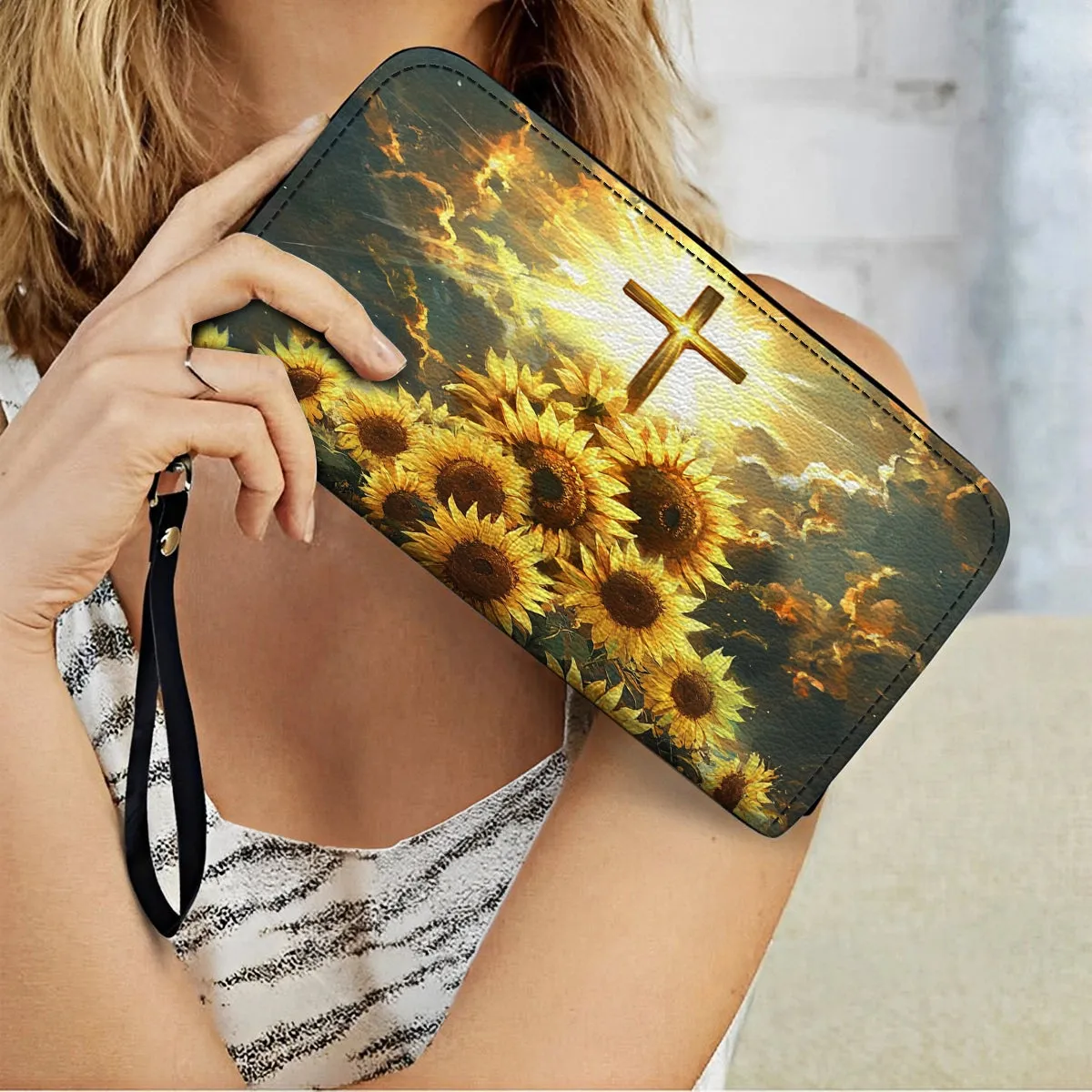 Shineful Leather Clutch Purse With Wristlet Strap Handle Sunflower Faith Light